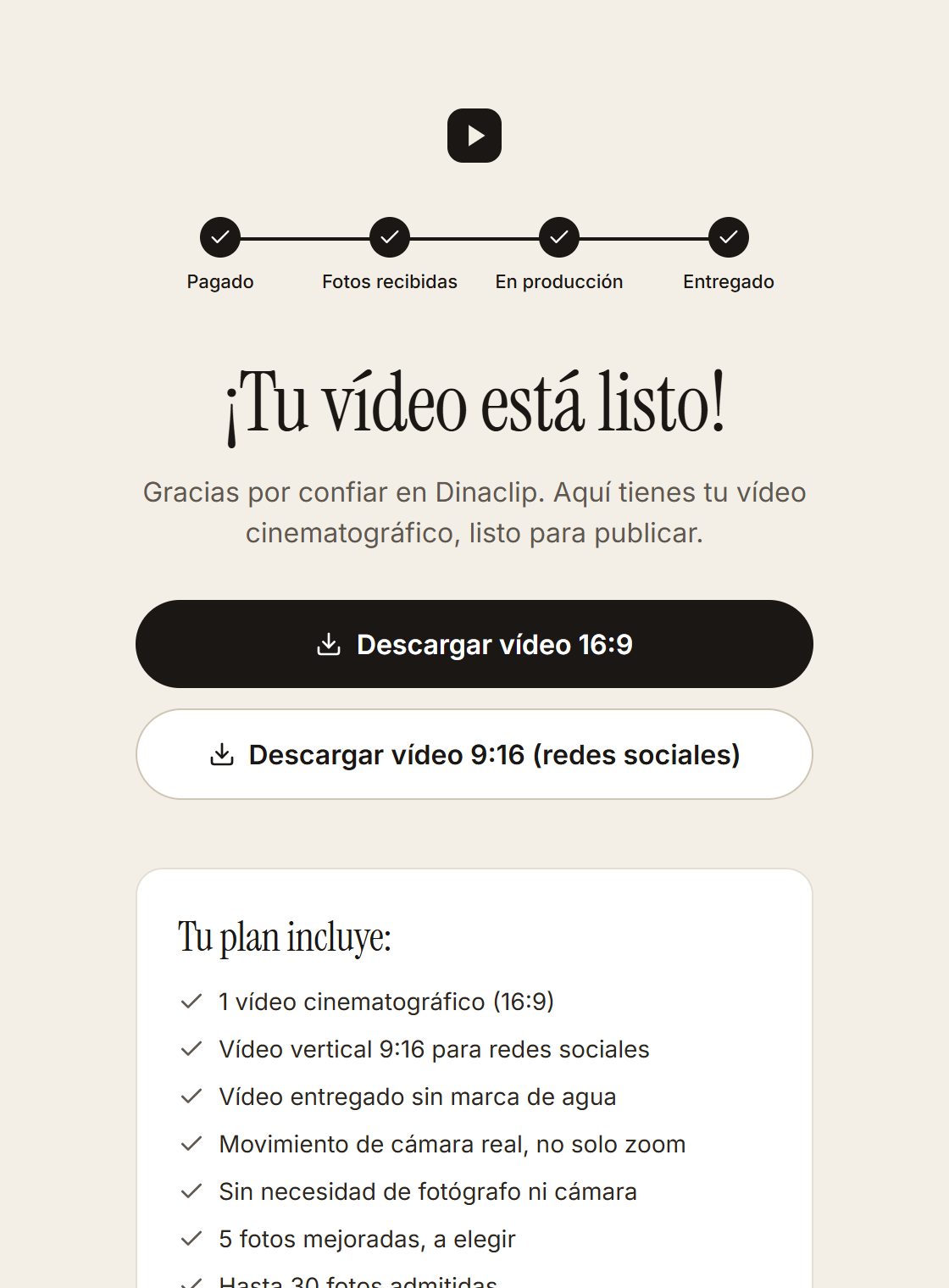 Pantalla real de Dinaclip: vídeo listo, con descarga en 16:9 y en 9:16 para redes